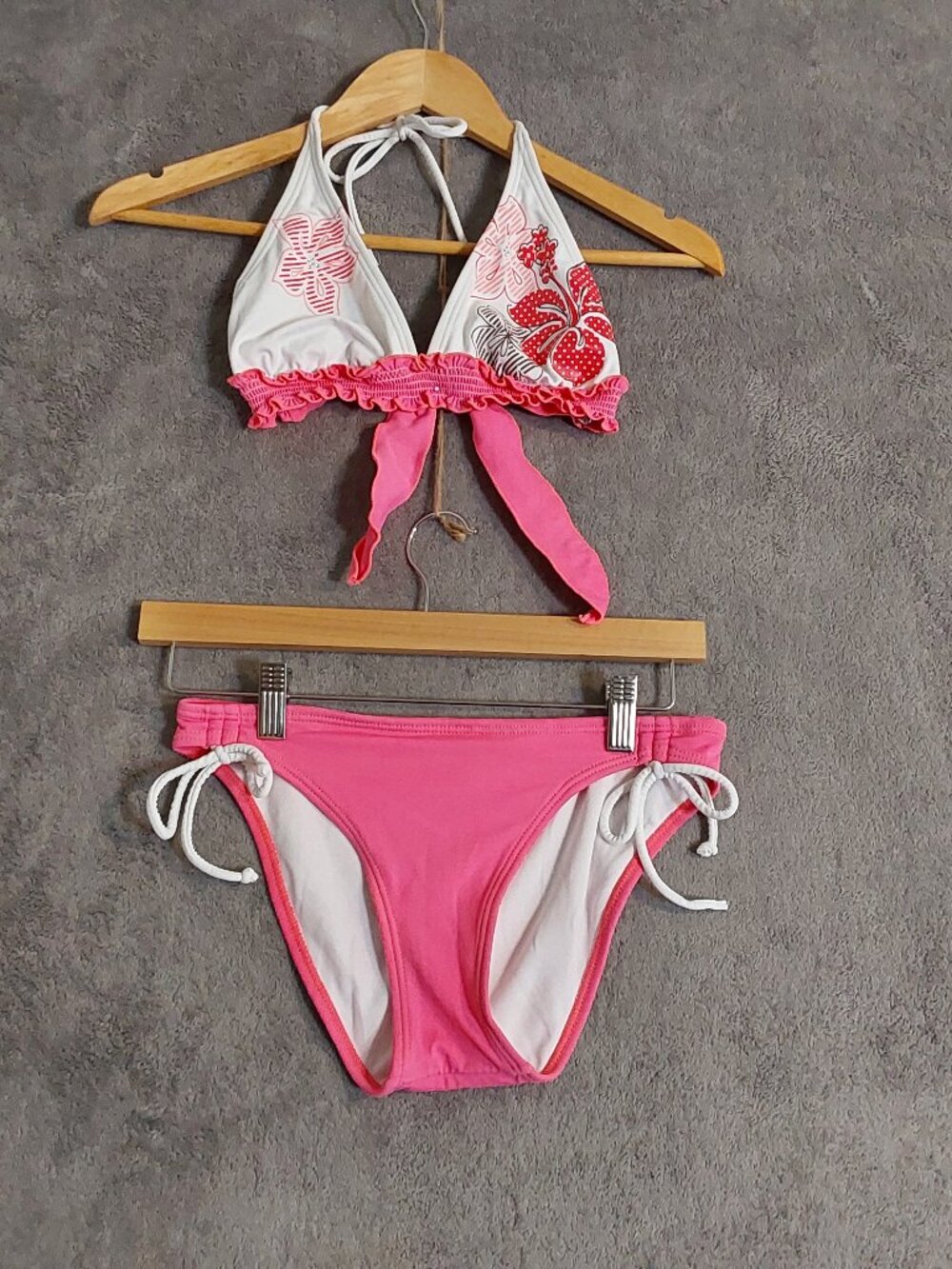 Malibu Dream Girl Junior Separates Pink & White Floral Halter Bikini Set Size Me